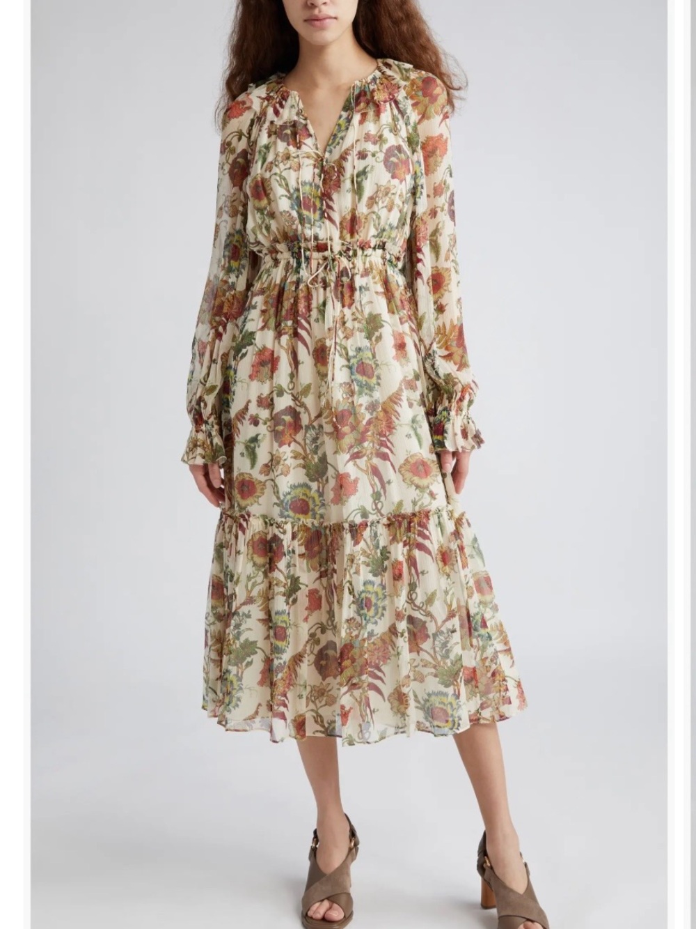 Ulla Johnson Audette Silk Long Sleeve Ruffle Midi Dress Freesia Sz 2